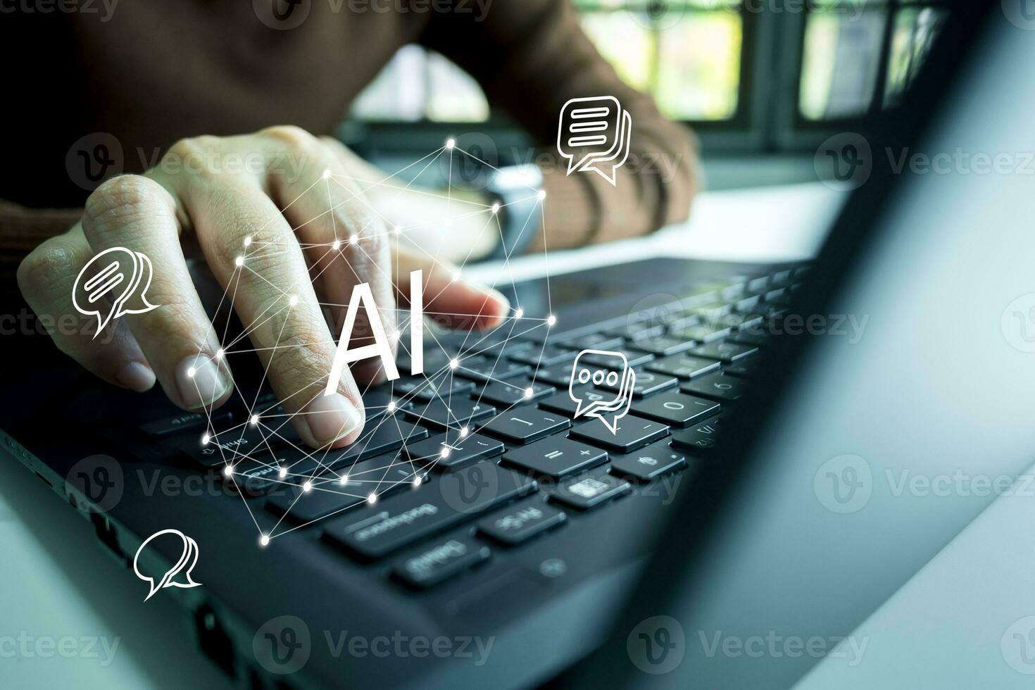 AI technology, Artificial Intelligence, Chatbot Chat and talk with AI, Using laptop for search and find data by command prompt, robot learning machine create or generate picture or article auto photo