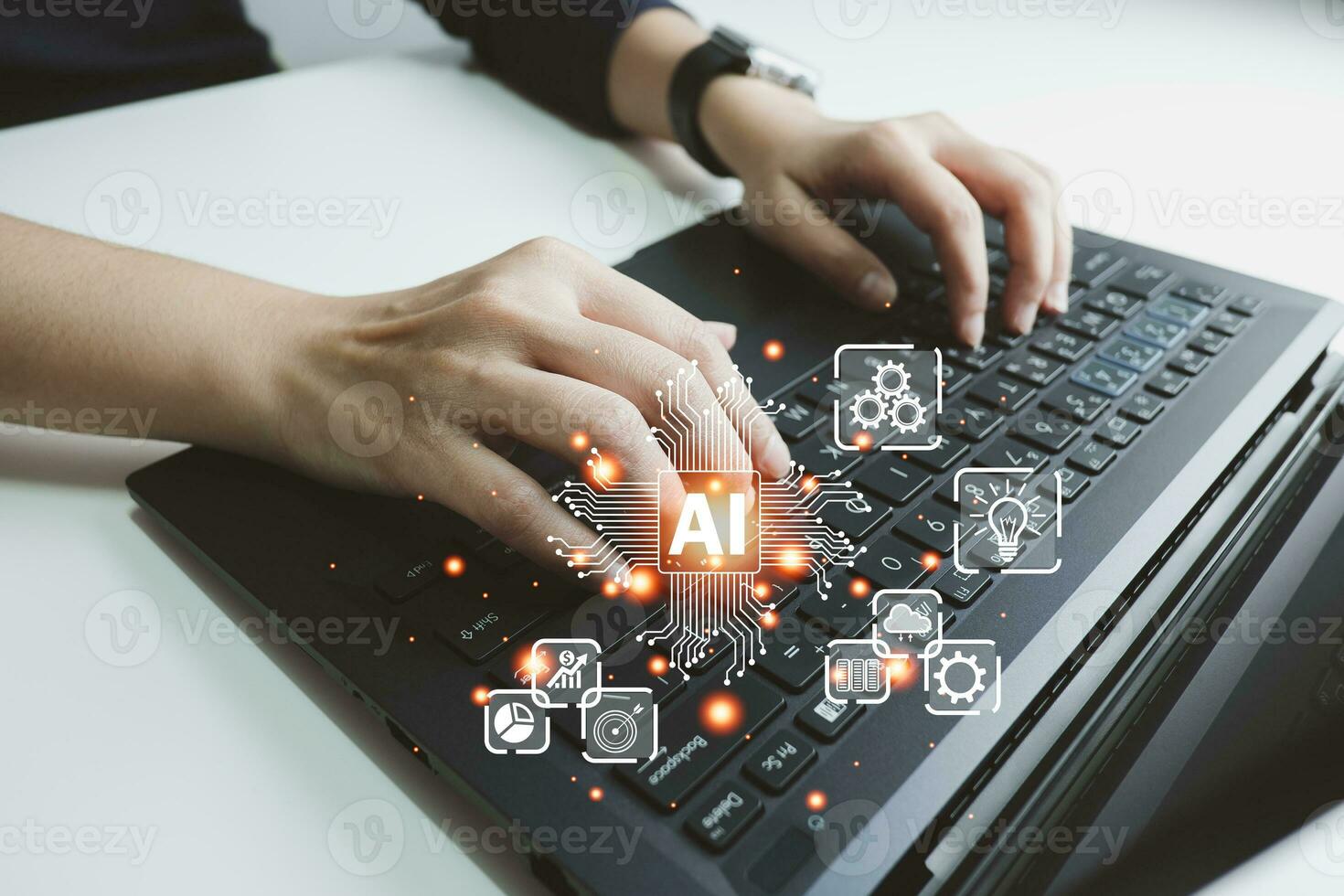 AI technology, Artificial Intelligence, Chatbot Chat and talk with AI, Using laptop for search and find data by command prompt, robot learning machine create or generate picture or article auto photo