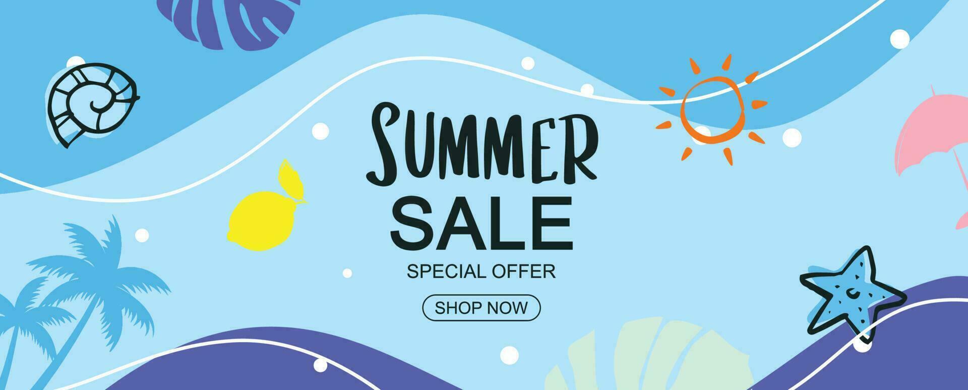 Summer sale with decoration on blue background. vector