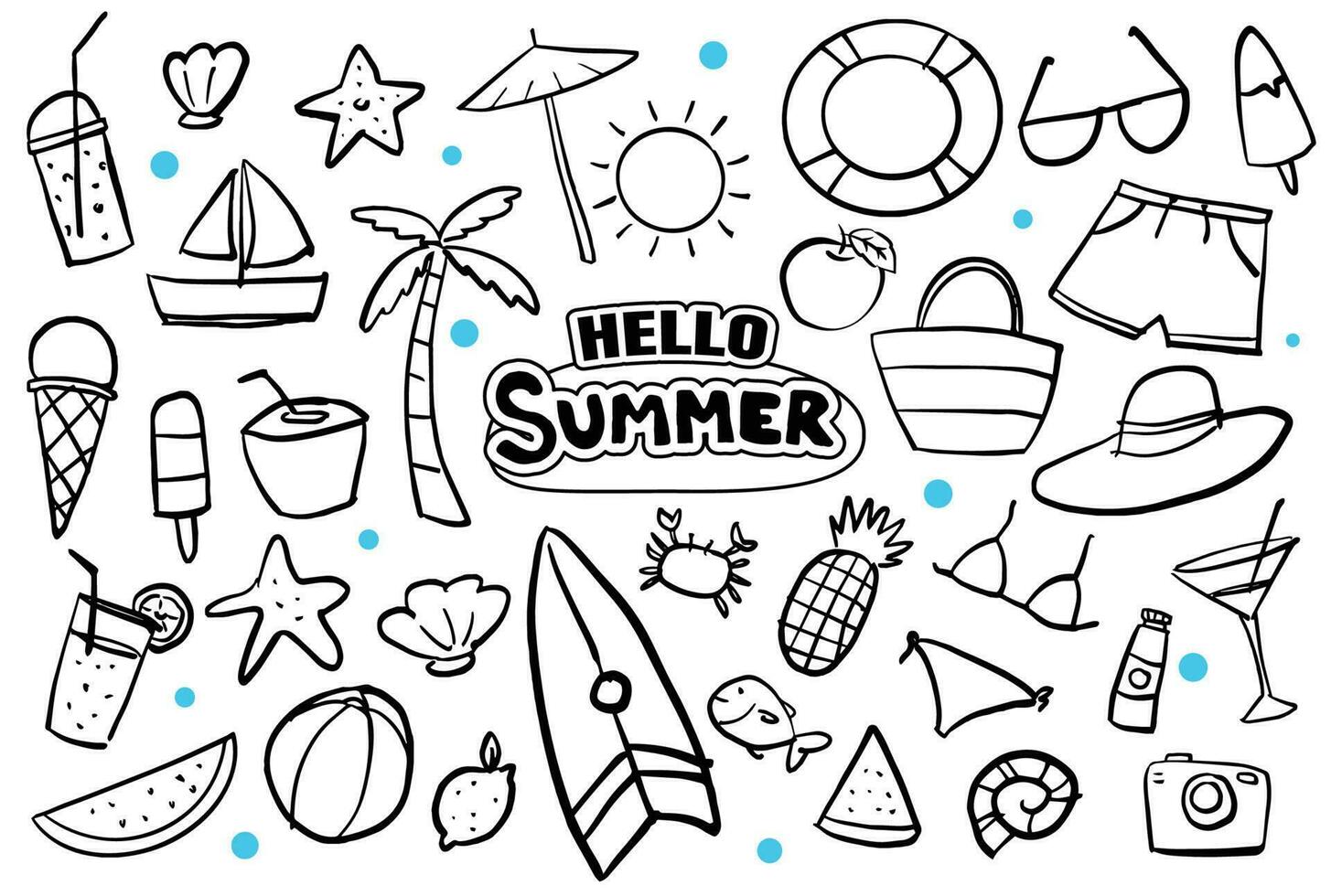 Hello summer doodle on white background. Summer hand drawn symbols and objects. vector