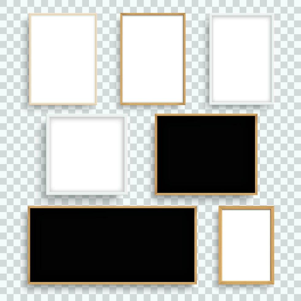 Set of frame picture white and brown wooden border with shadow. vector