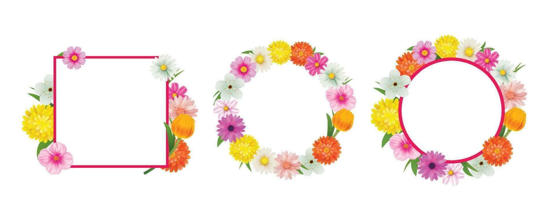 Hello spring circle frame greeting card and flowers decoration. vector