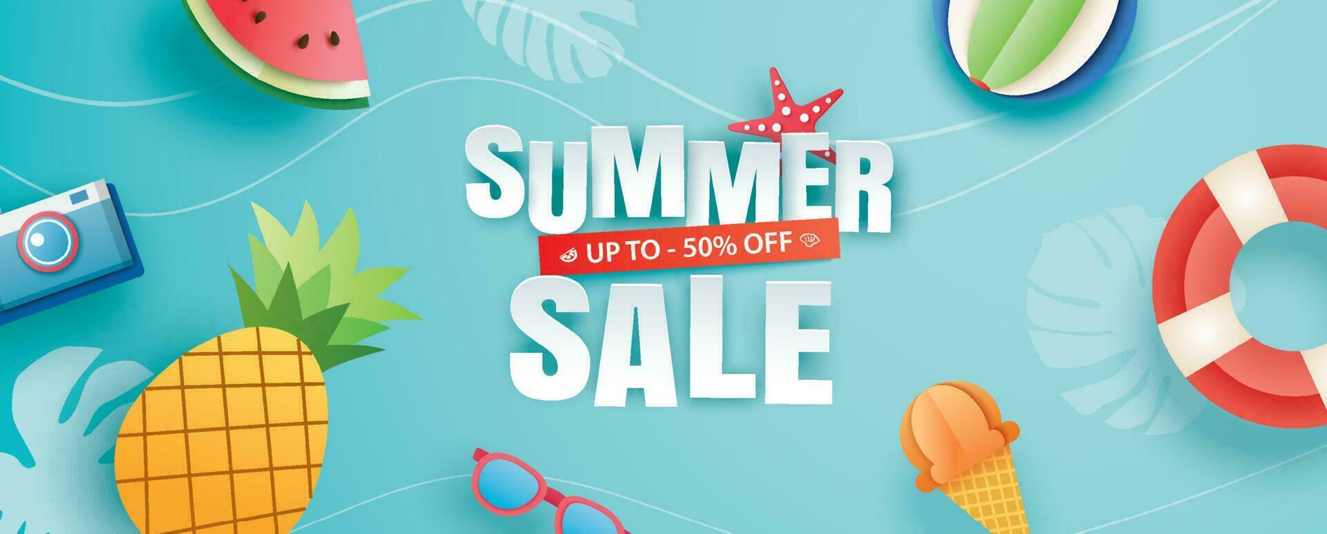 Summer sale with decoration origami on blue sky background. Paper art and craft style. vector