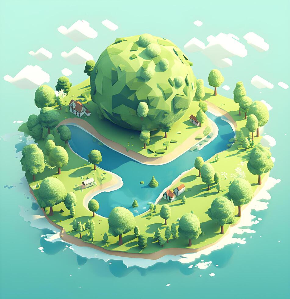 Green planet with trees on blue background, Earth Day. photo