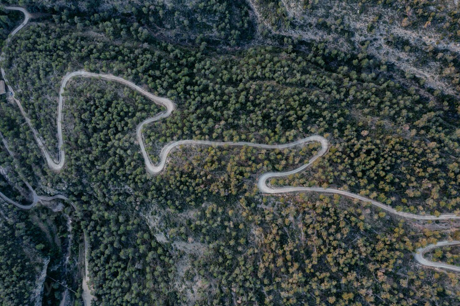 Aerial shot of a curvy road on a mountain in a forest photo
