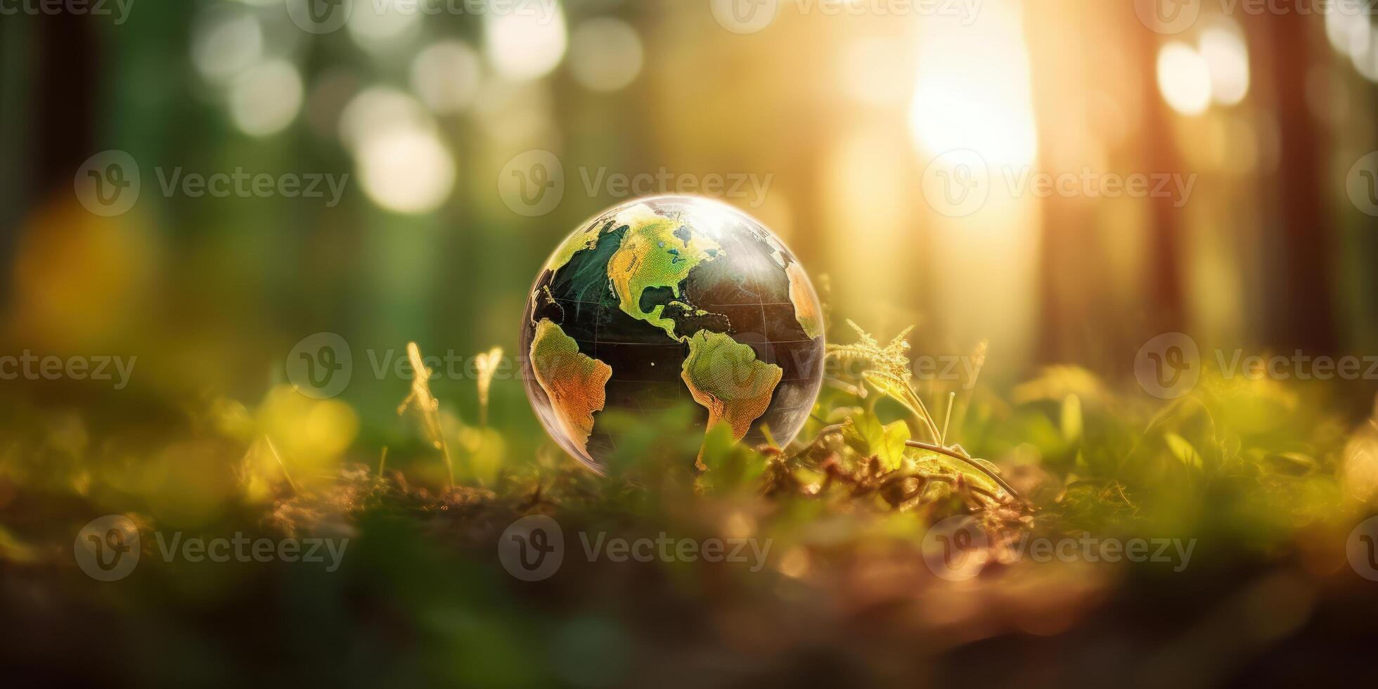 Planet earth on green background. World environment day and Earth day. photo
