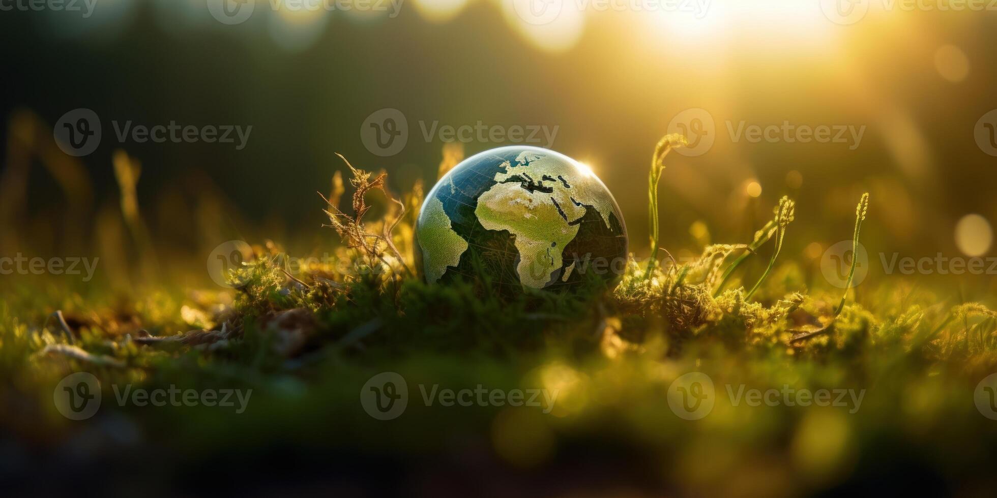 Planet earth on green background. World environment day and Earth day. photo