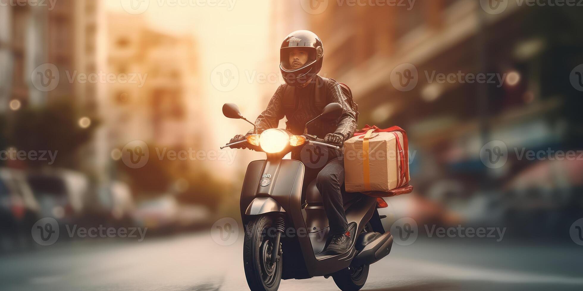Delivery man ride scooter motorcycle with motion blur cityscape background. photo