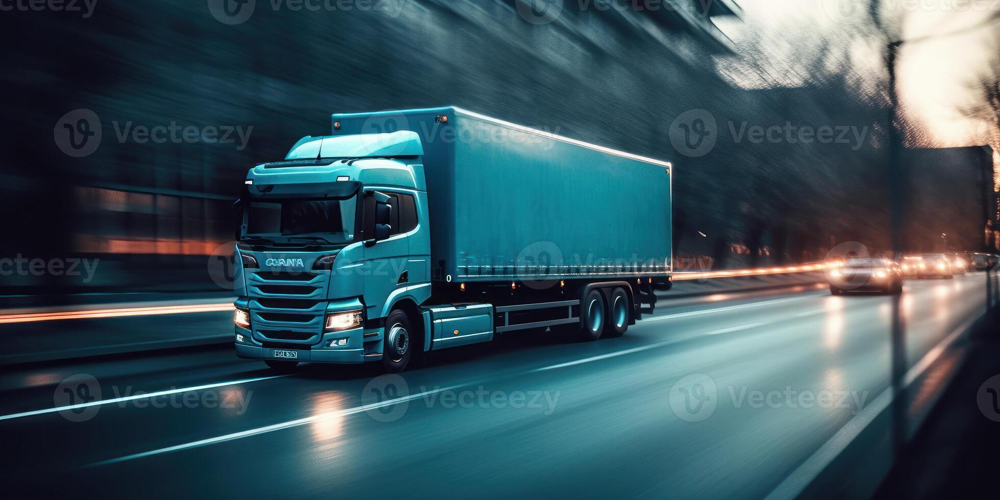 Truck with cargo driving on the road motion blur background. photo