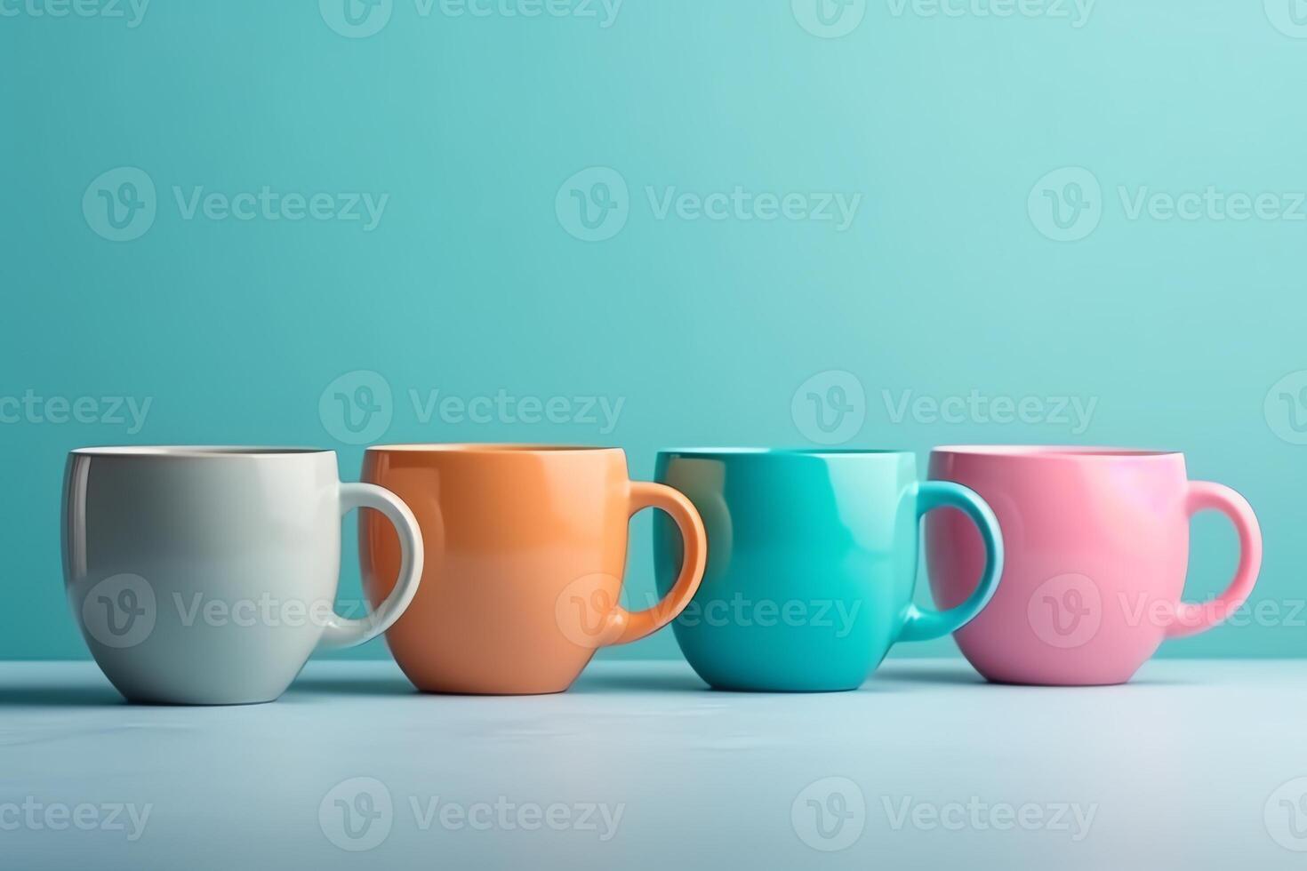 Colorful coffee mugs on bright blue background in pastel colors minimalism concept. photo