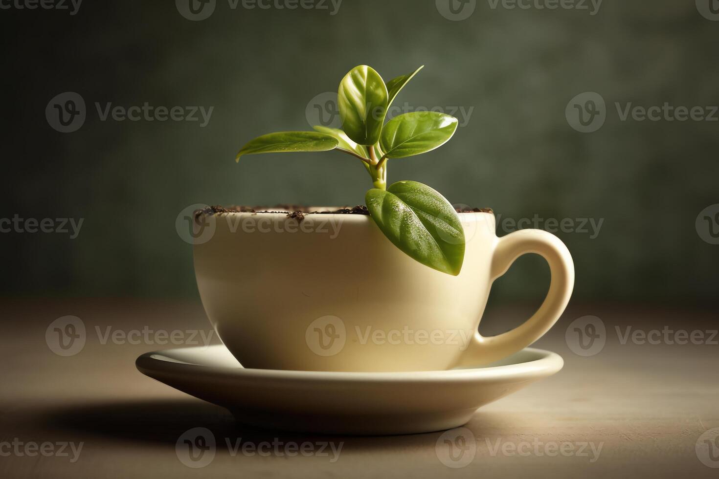 Concept image of a plant blooming out of a coffee mug earth day eco friendly green technology studio image a green business. photo