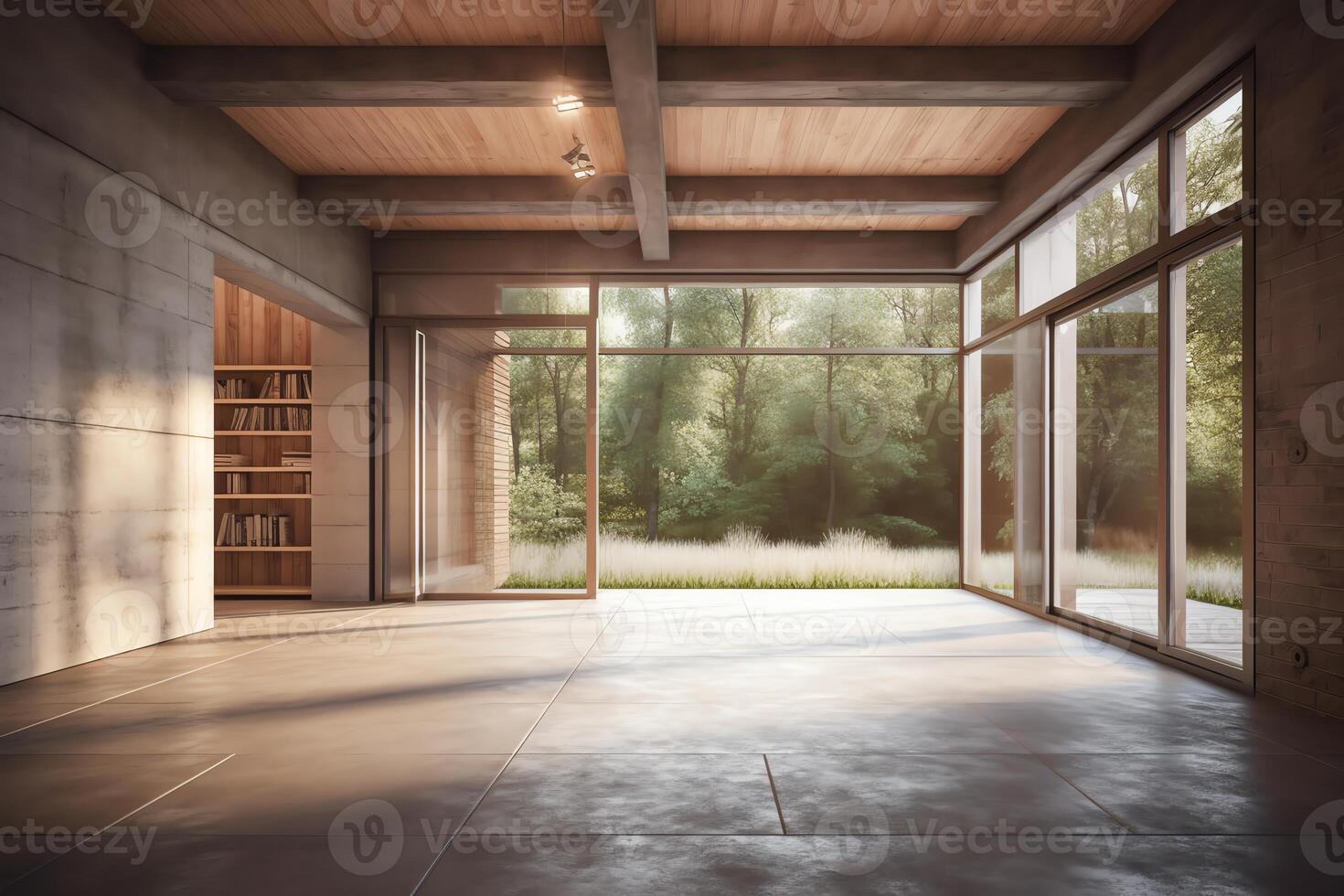 Modern contemporary loft empty room with open door to garden 3d render the rooms have concrete tile floors wooden plank ceiling. photo
