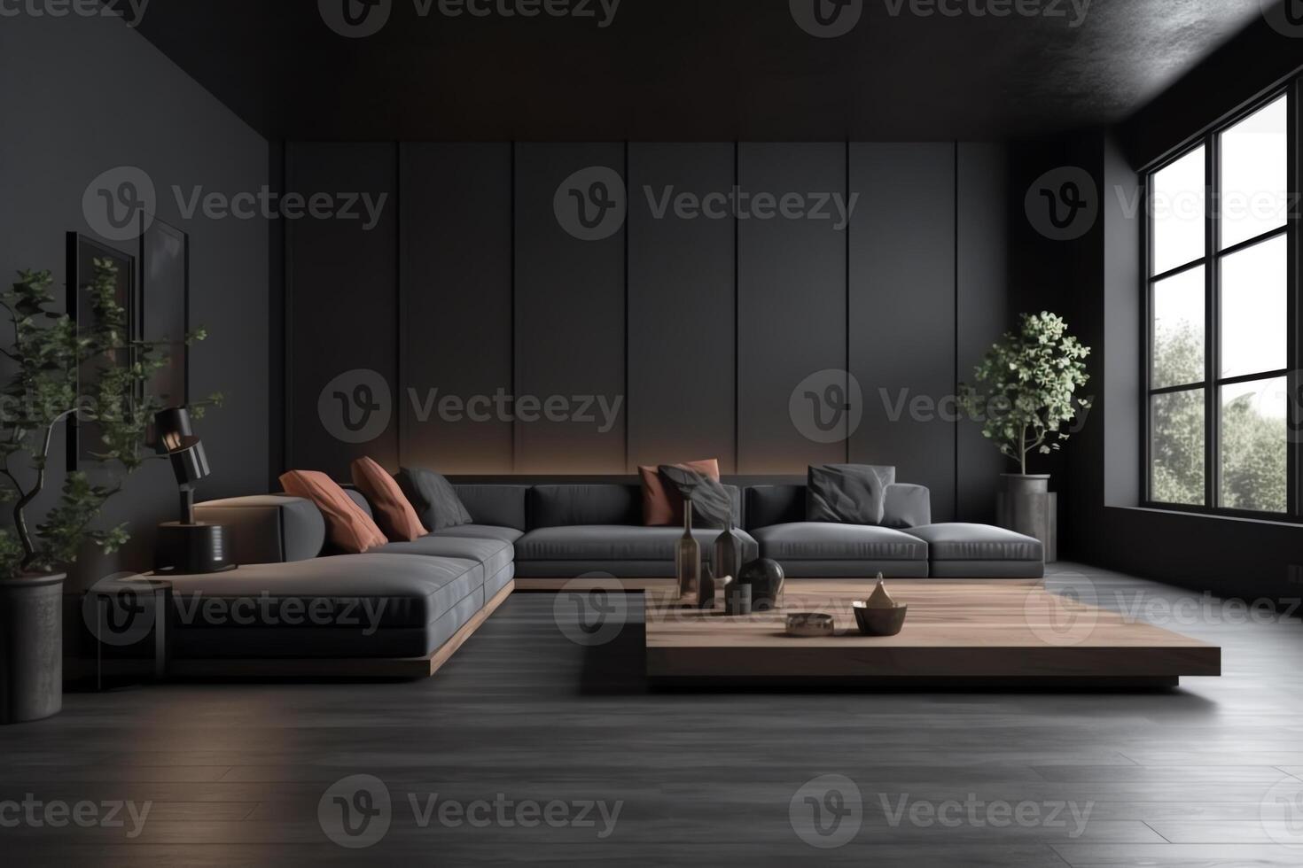 Modern empty living room and furniture decoration mock up design and black wall background texture. photo