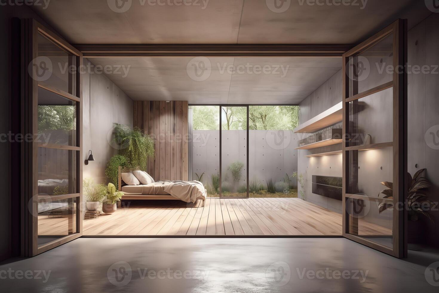 Modern contemporary loft empty room with open door to garden 3d render the rooms have concrete tile floors wooden plank ceiling. photo