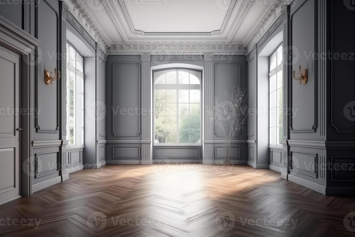 Classical empty room interior 3d render the rooms have wooden floors and  gray walls decorate with white moulding there are white window looking out  to the nature view. AI Generated 23379965 Stock
