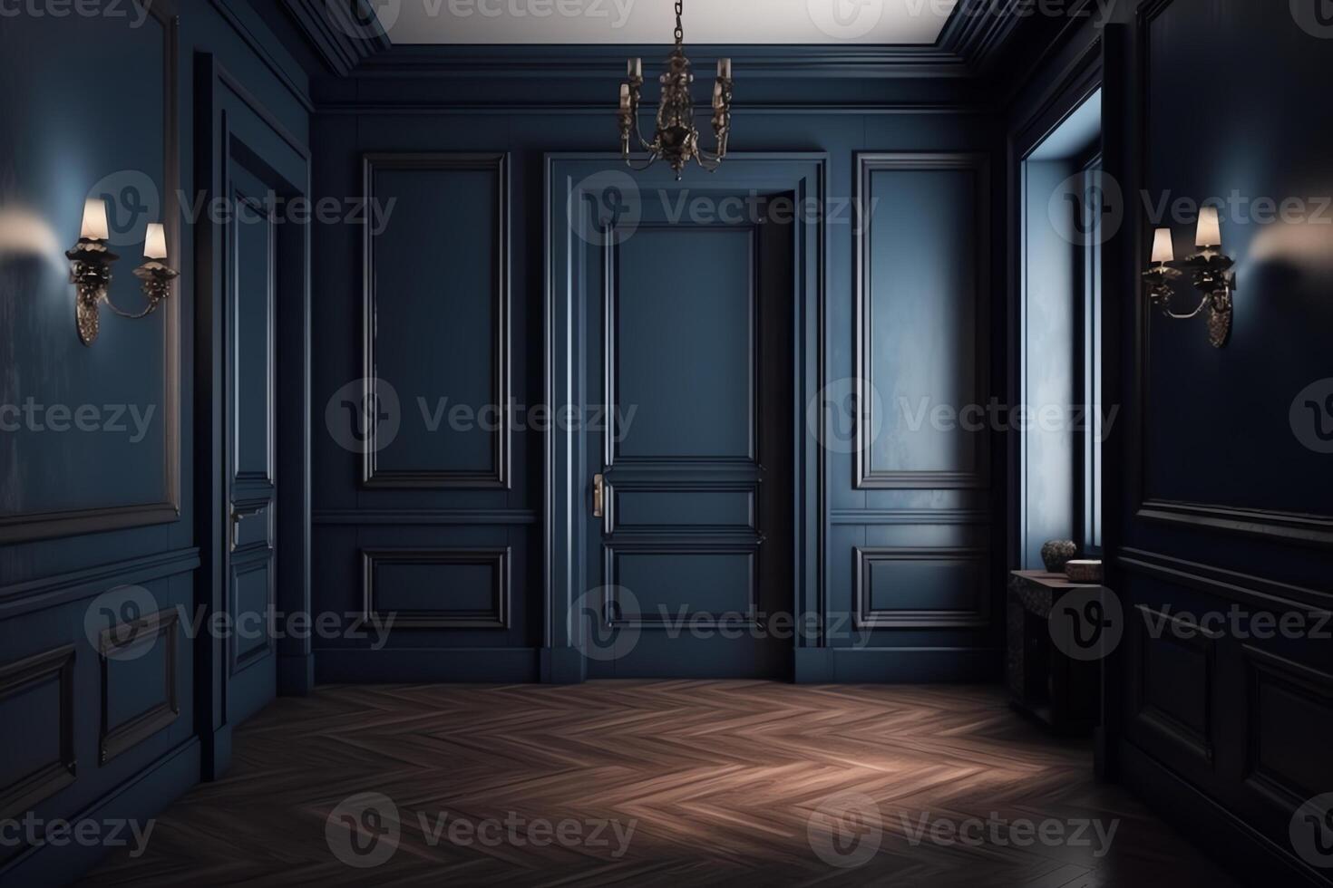 oscuro azul pared puertas y parquet en clásico estilo. ai generado foto