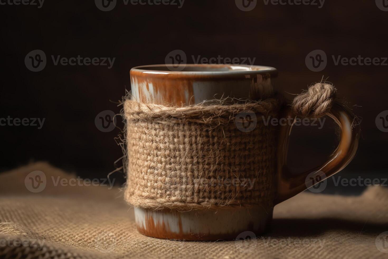Coffee mug on a burlap background with room to copy text. photo