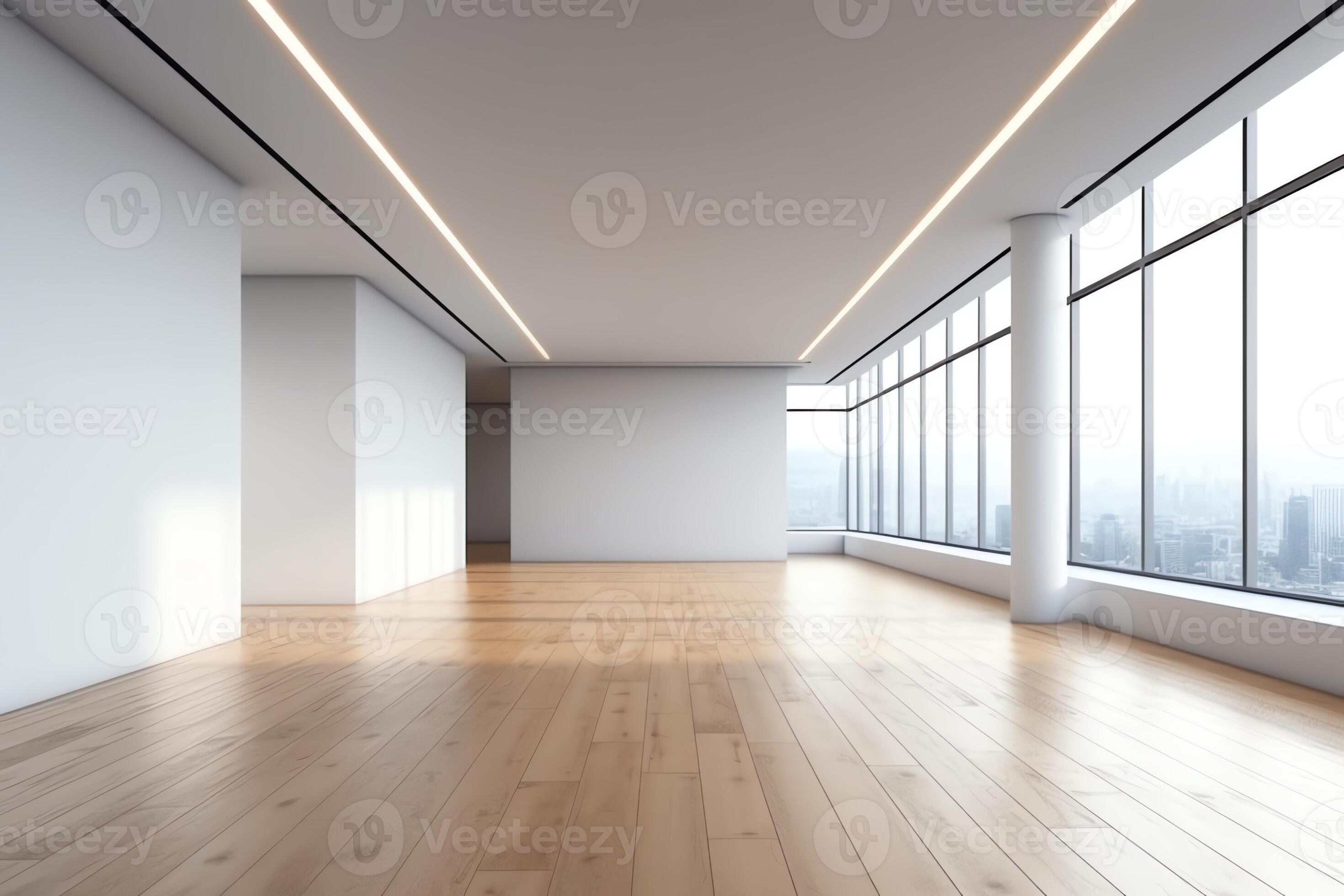 3D render of modern empty room with wooden floor and large white plain