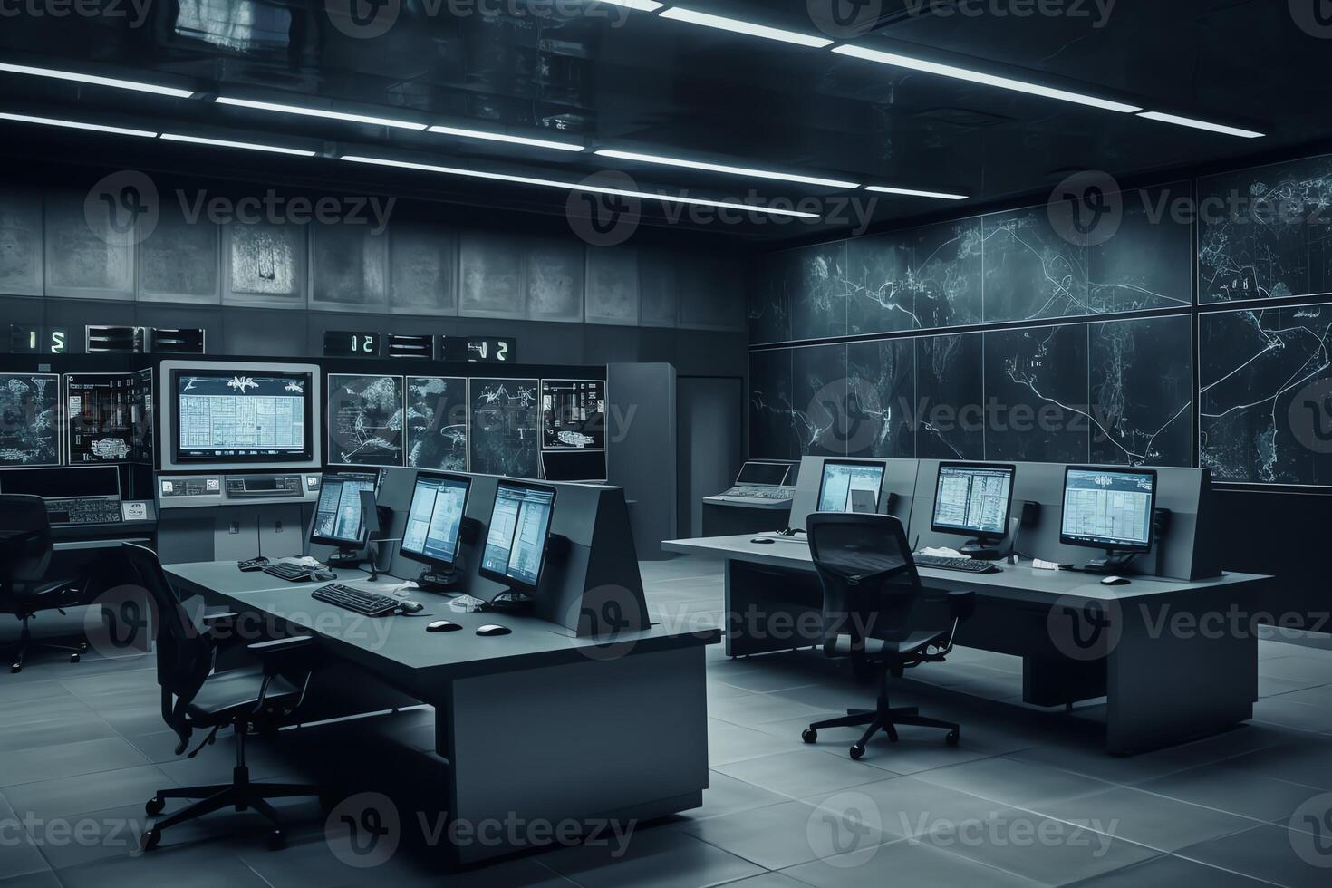 Empty interior of big modern security system control room workstation with multiple displays monitoring room with at security data center empty office desk and chairs. photo