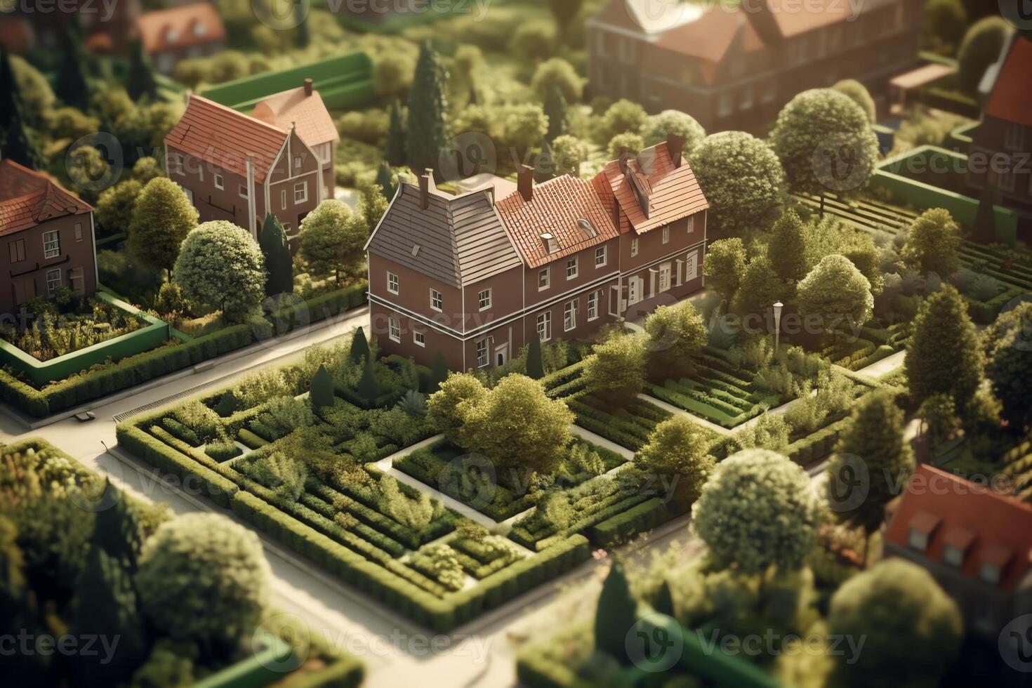 A 3d illustration of houses with large gardens. photo