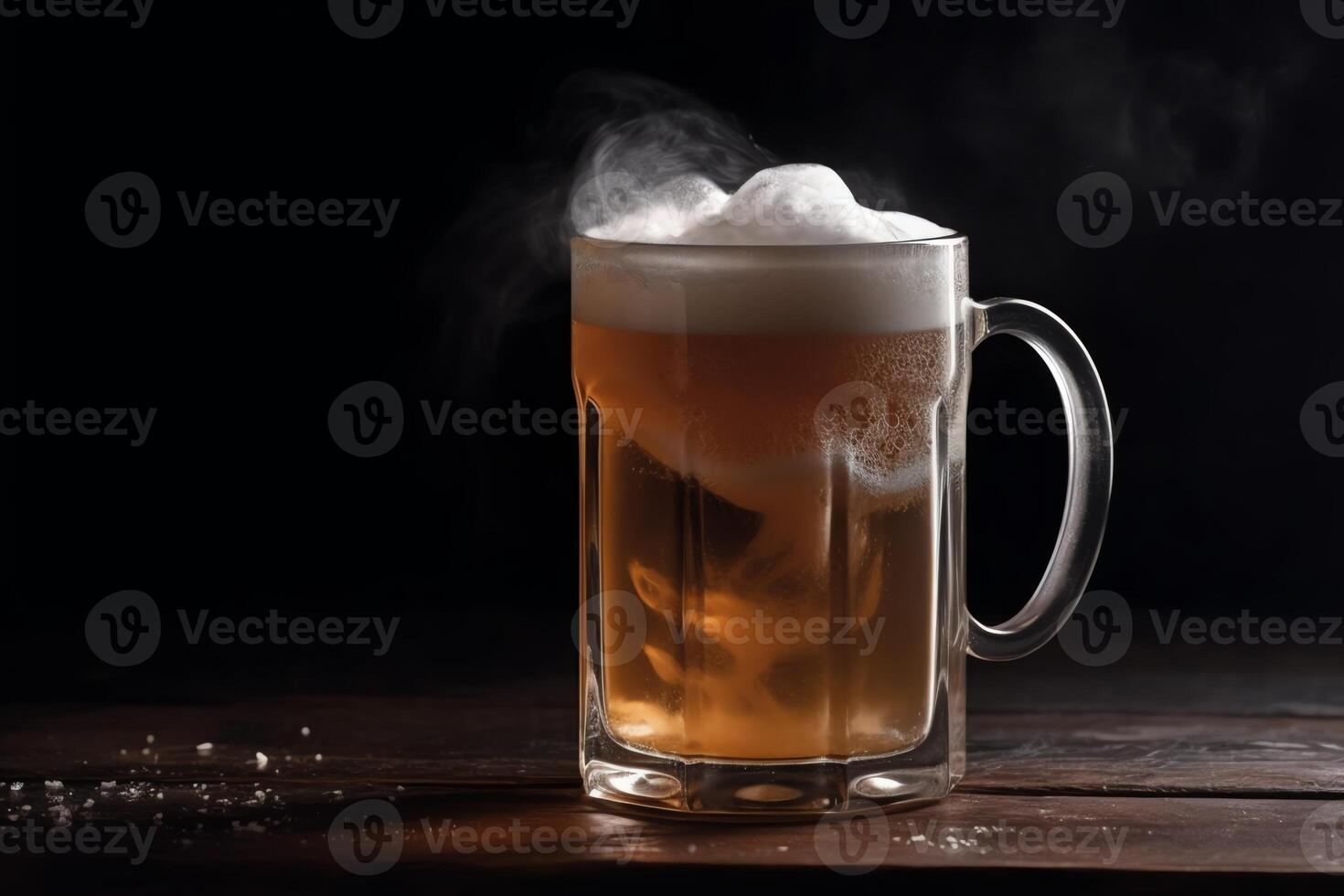 Cold mug with beer with overflowing foam on wooden table and dark background. photo