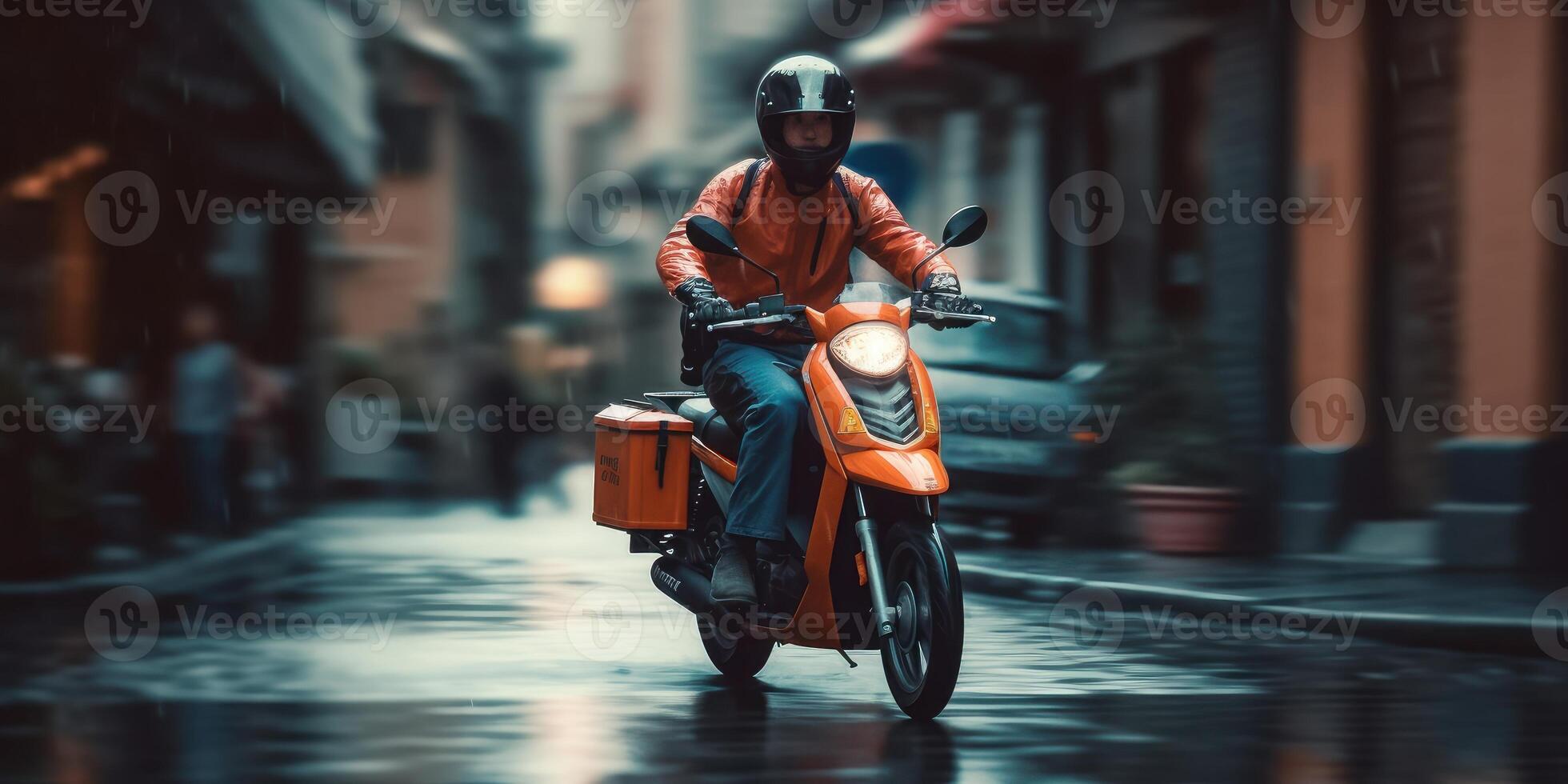 Delivery man ride scooter motorcycle with motion blur cityscape background. photo