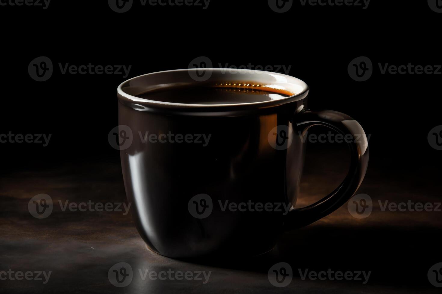 A black coffee mug is shown on a dark background with a shadow on the ground and a black background with a black coffee mug on it. photo