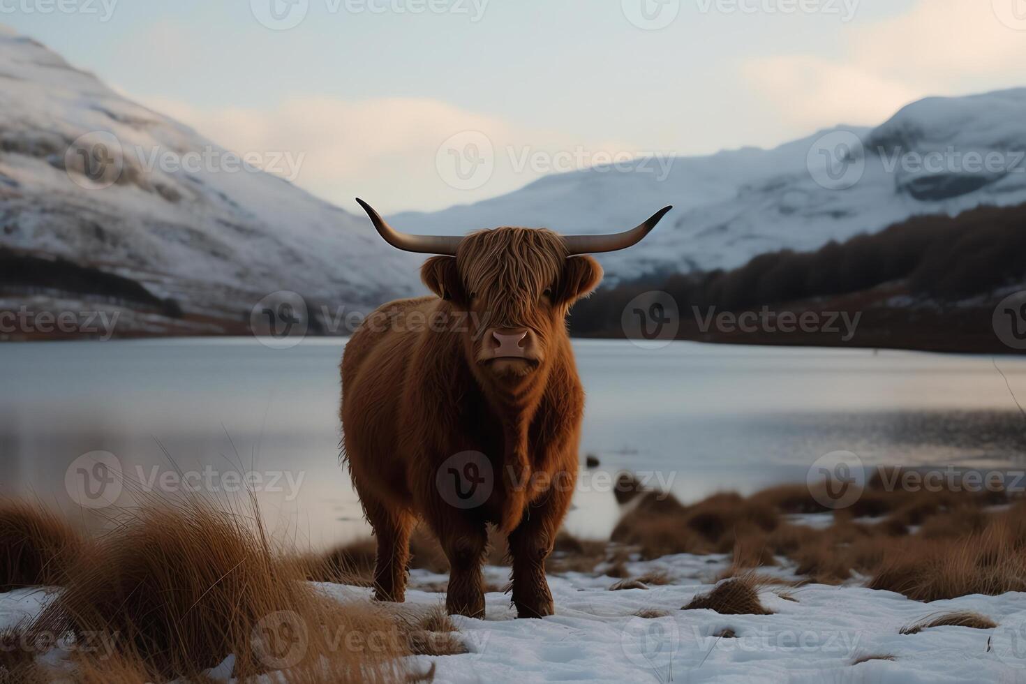 tierras altas vaca con cuernos en pie en frente de lago con nieve cubierto montañas en antecedentes ai asistido finalizado en Photoshop por a mí. ai generado foto