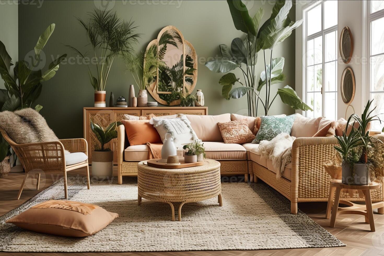 A tropical inspired living room with a woven cane sectional colorful ...
