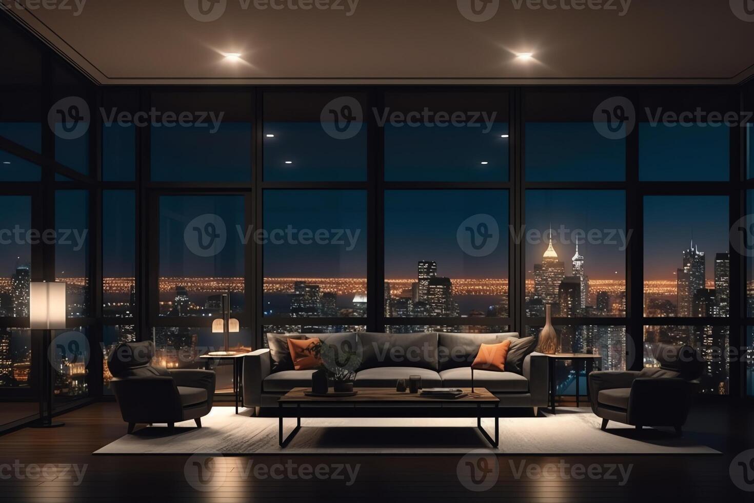 Living room night city view out of glass windows modern design