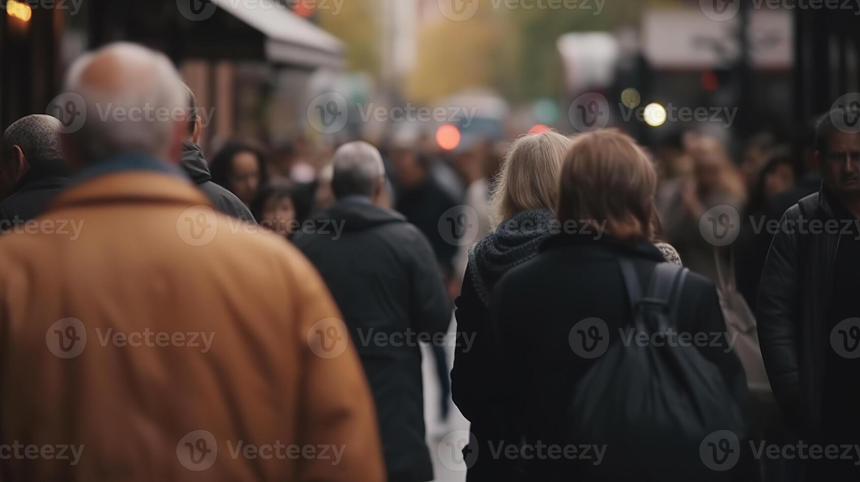 ciudad vida en movimiento. un bokeh difuminar de personas caminando mediante el ocupado calles generativo ai foto