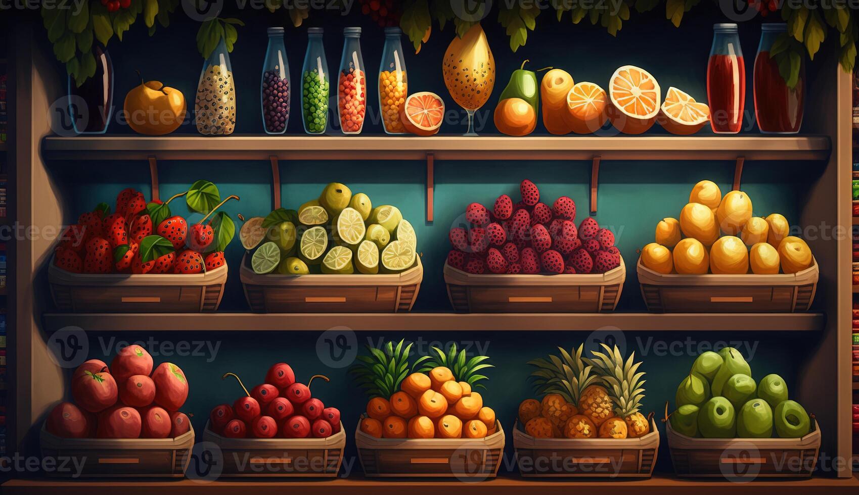 Colorful Array of Fresh Fruits on Display at Local Greengrocer. photo