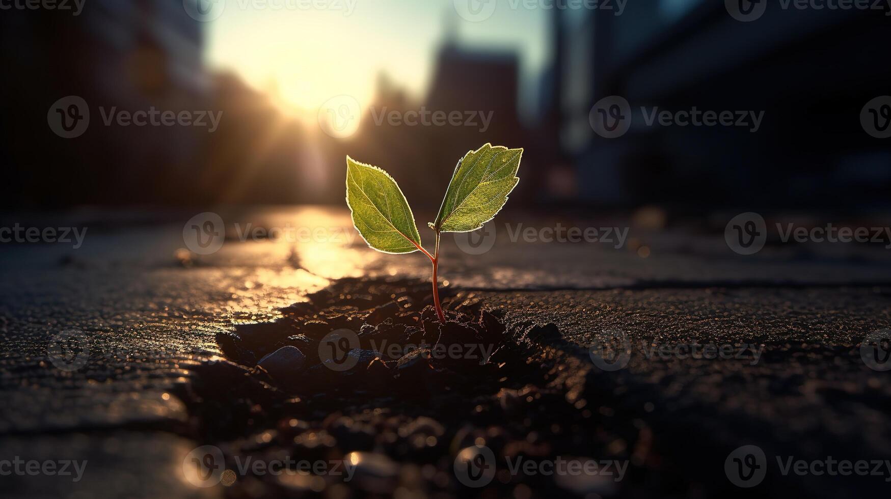 A Small Sapling Emerges Through Asphalt. photo