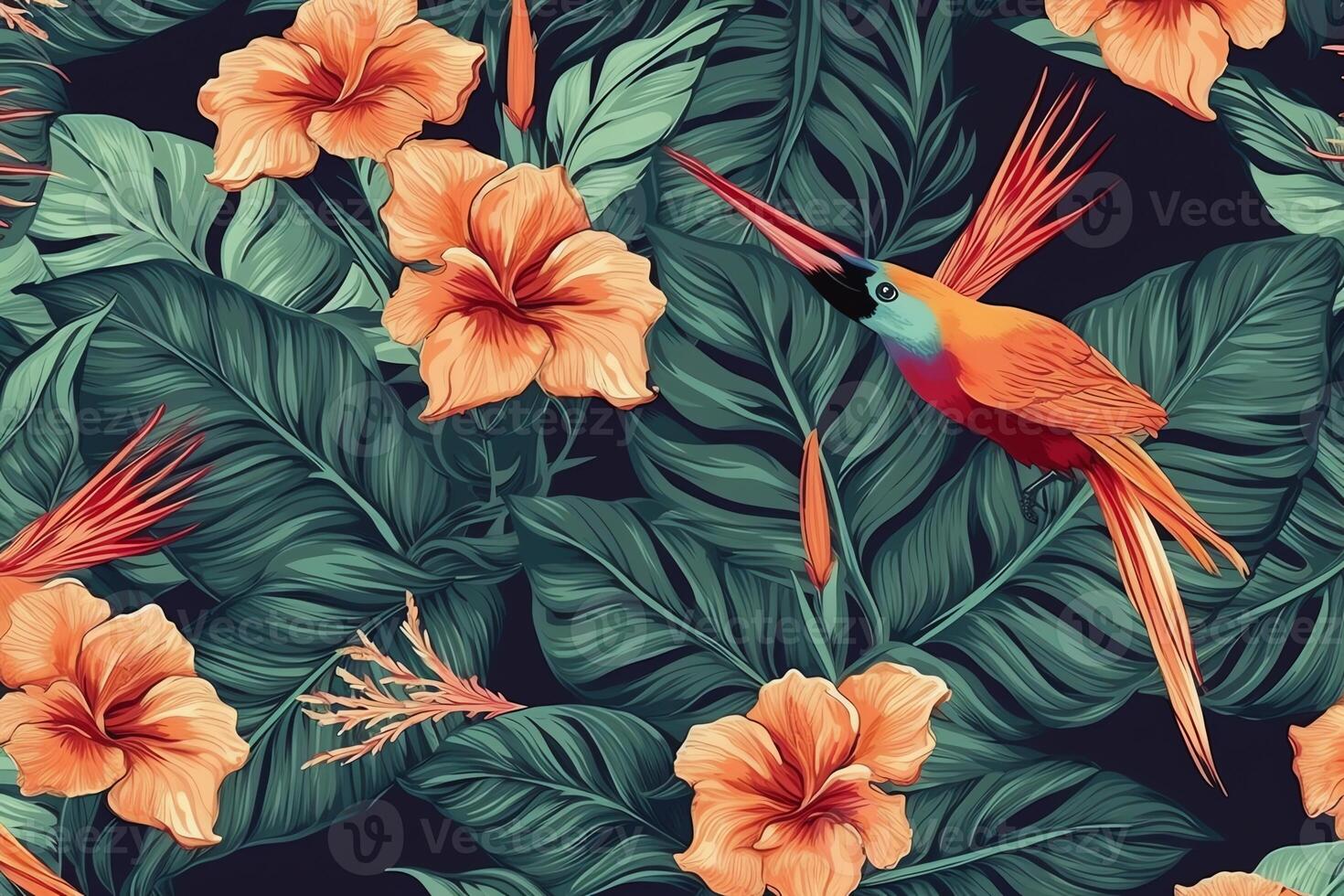 Hibiscus and bird of paradise in a tropical exotic seamless pattern. photo
