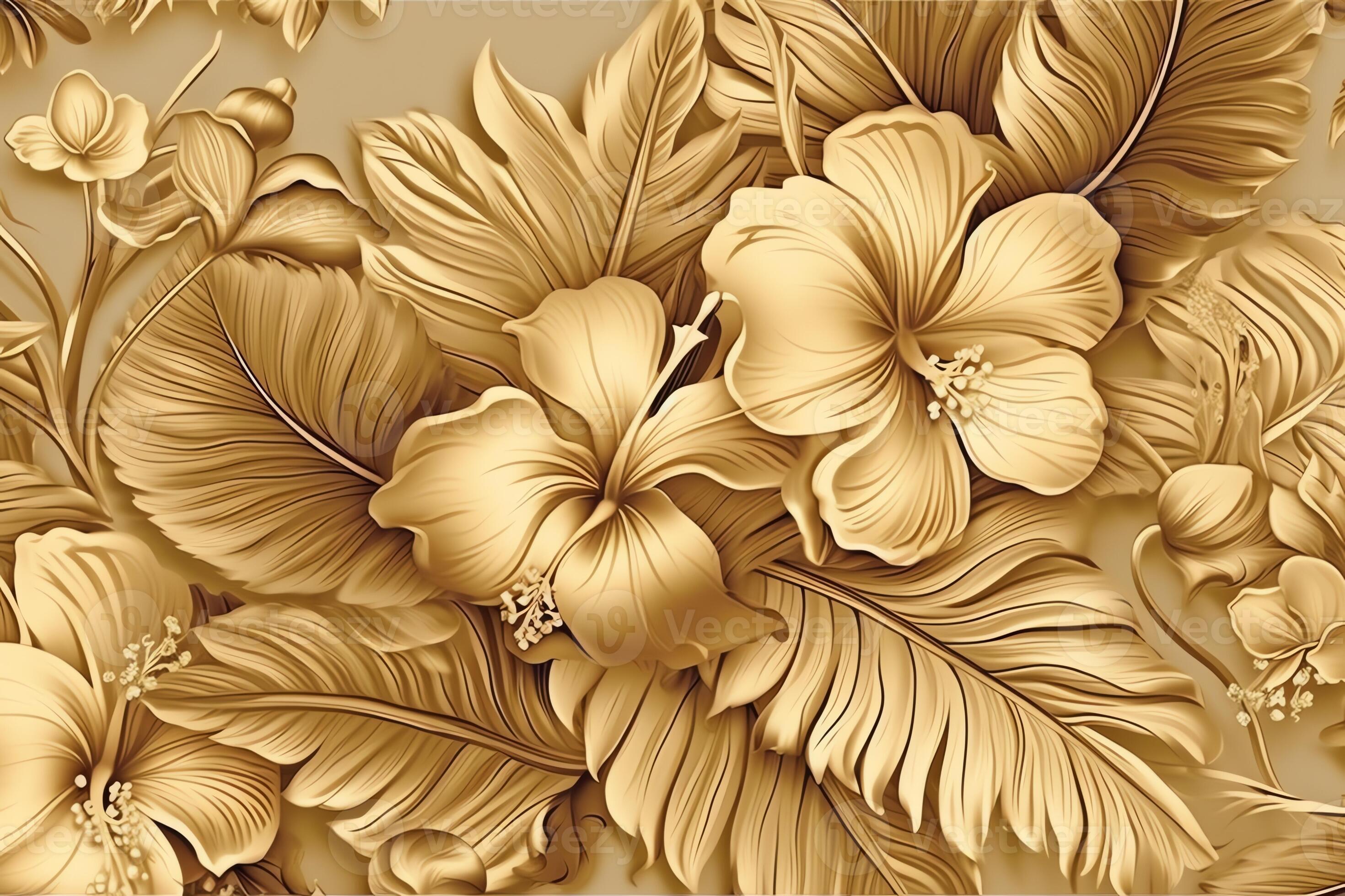 Tropical exotic vintage seamless pattern gold hibiscus flowers bouquets