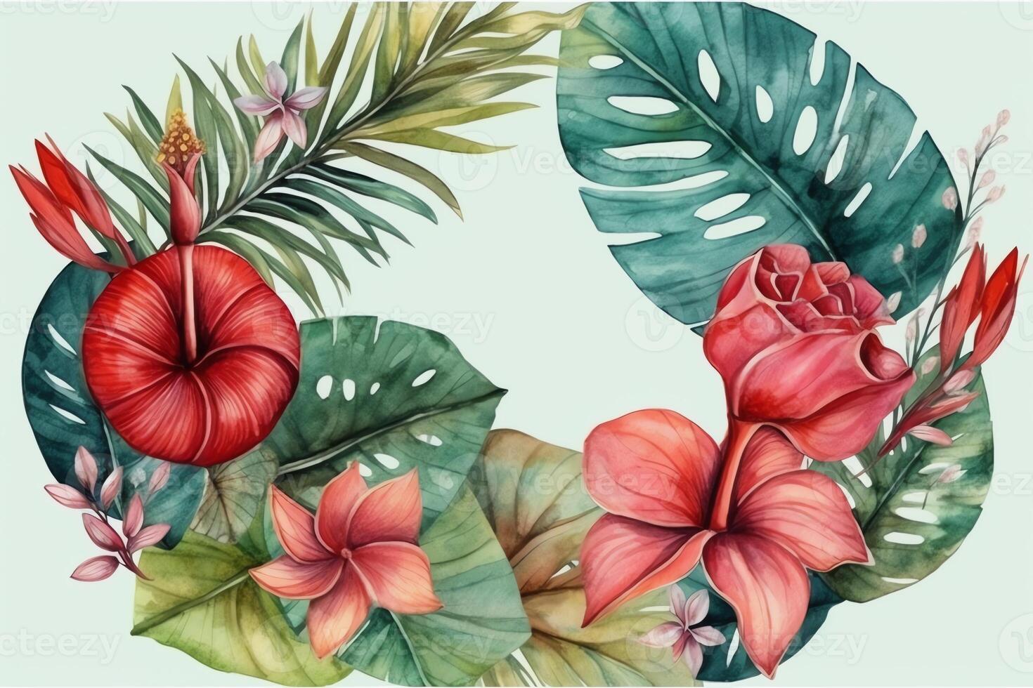 tropical hojas y flor marco acuarela palma hoja monstera plátano rojo hibisco. ai generado foto