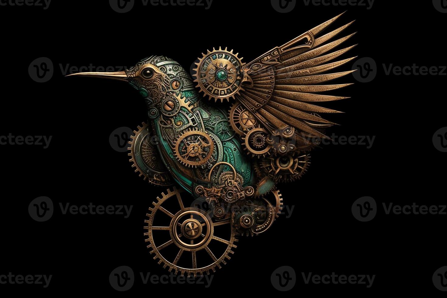 Steampunk hummingbird with clockwork gears metal and patina rust black background texture centered design. photo