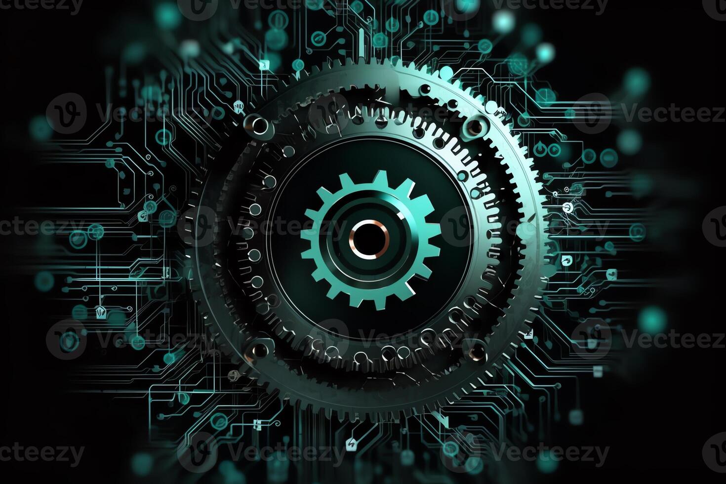 Gear wheel on circuit board illustration hitech engineering digital engineer concept web template business tech business team. photo