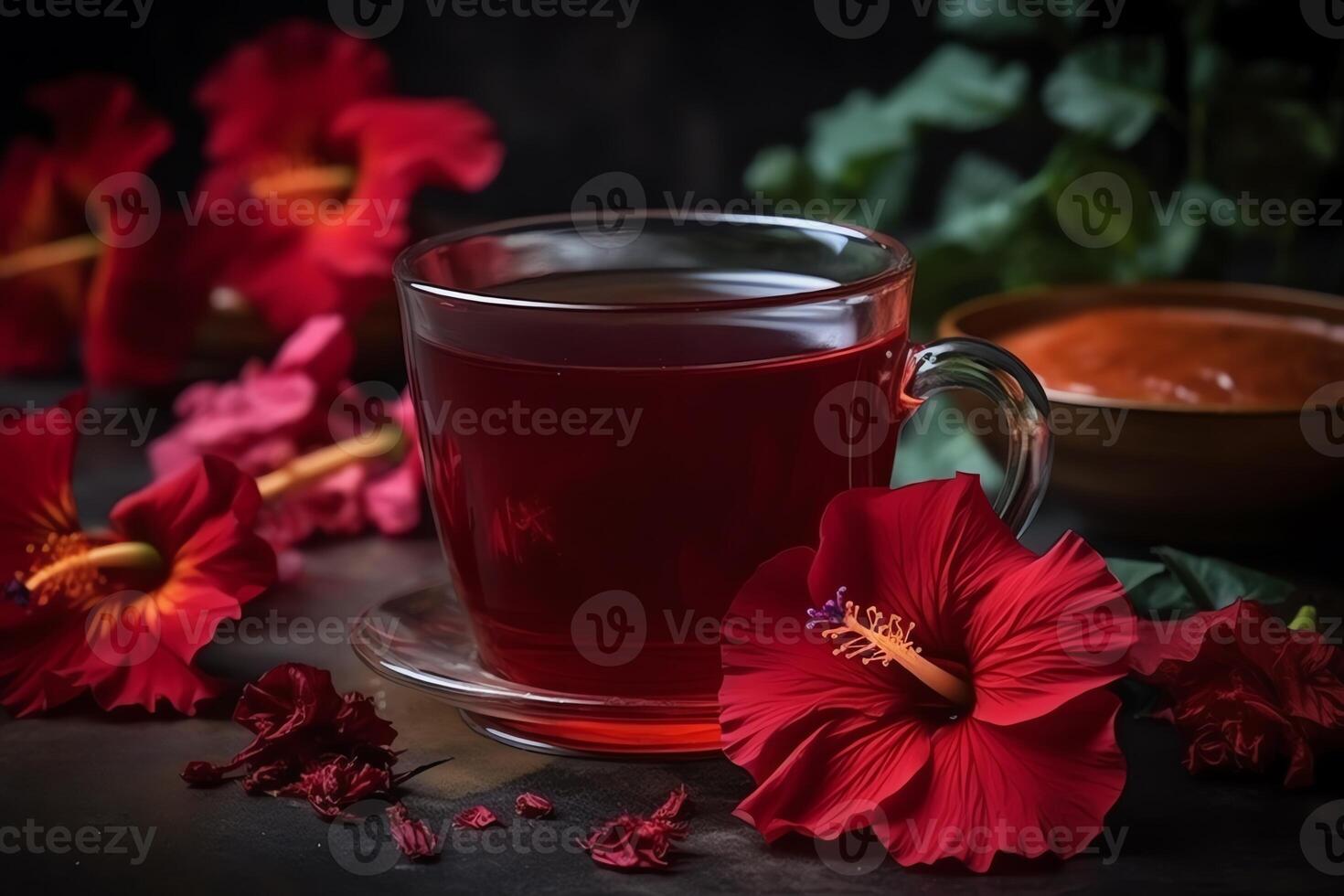 Red hibiscus hot herbal tea with flowers on background. photo