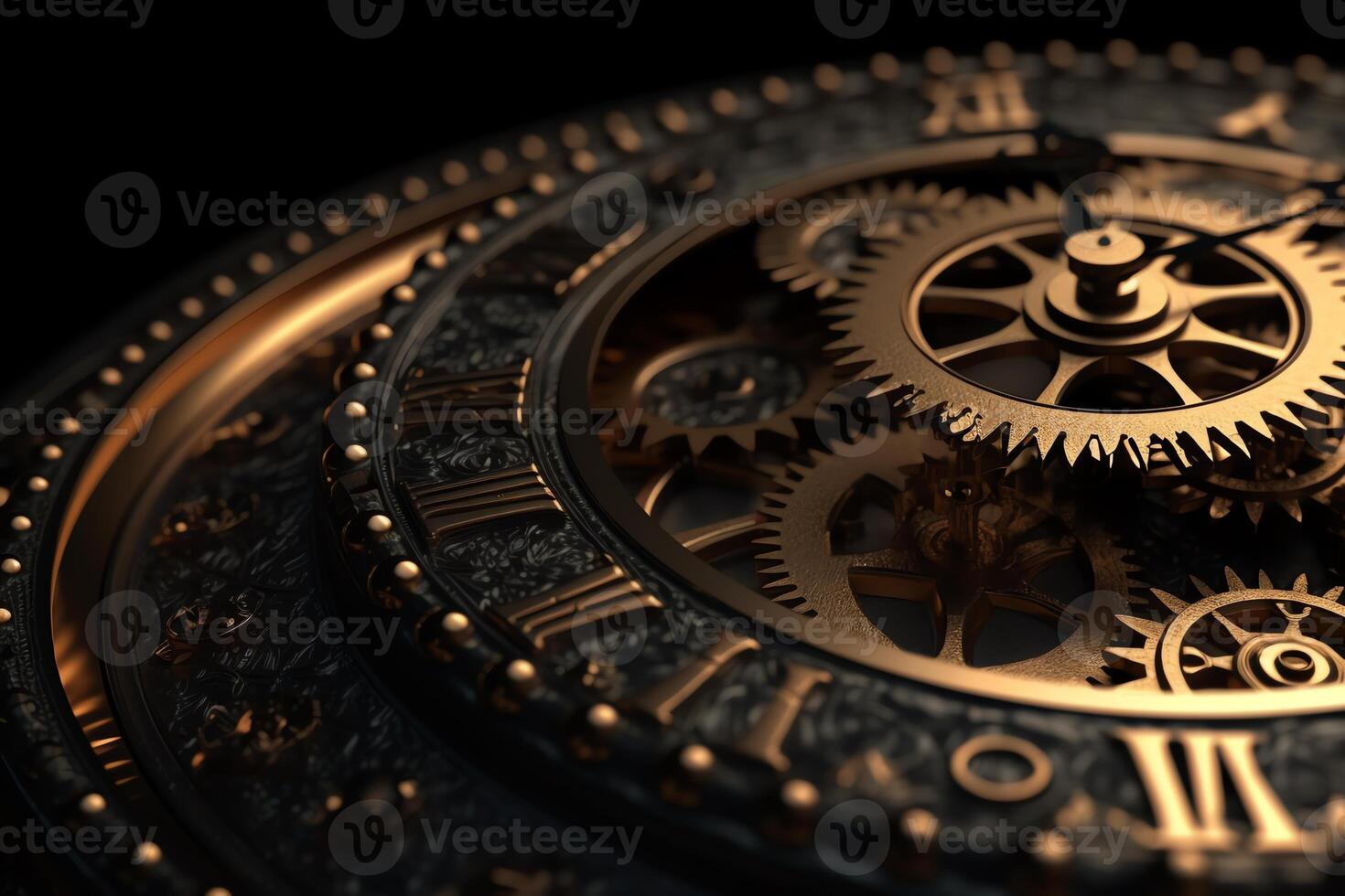 Golden black old clock close up at front view on dark background with cog wheel pattern design of my own 3d illustration. photo