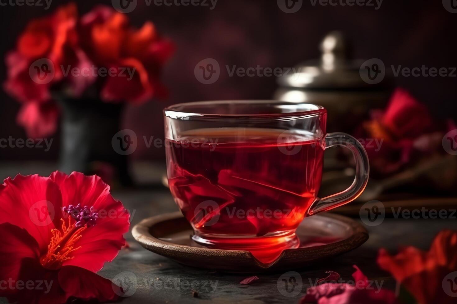 rojo hibisco caliente herbario té con flores en antecedentes. ai generado foto