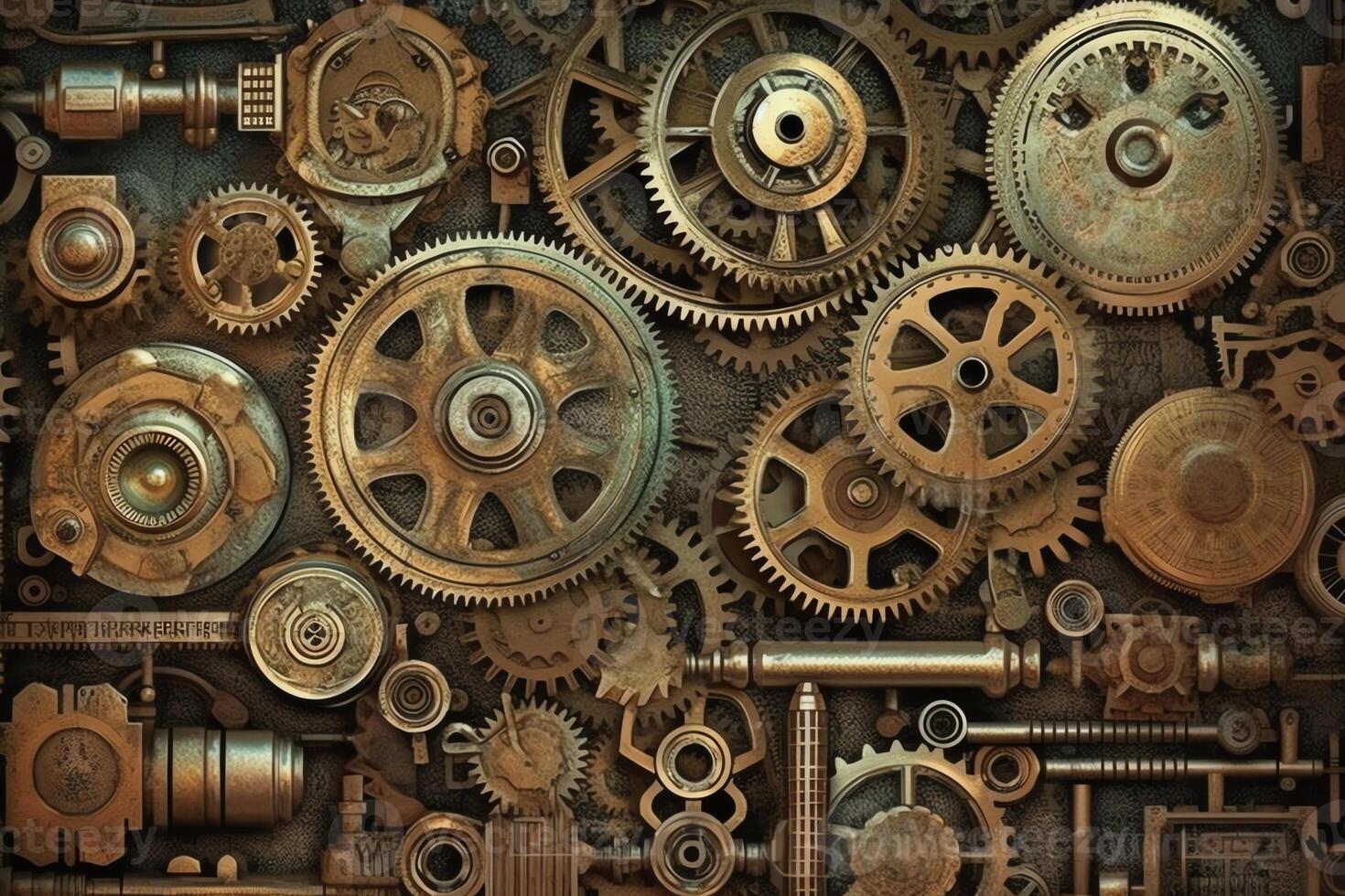 Steampunk gears and levers background ai. photo