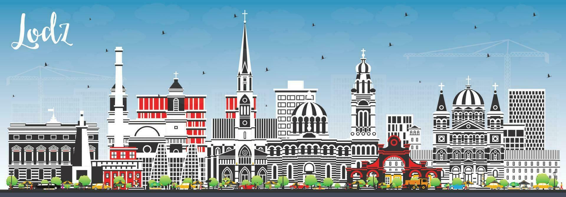 Lodz Poland City Skyline with Color Buildings and Blue Sky. Vector Illustration. Lodz Cityscape with Landmarks.