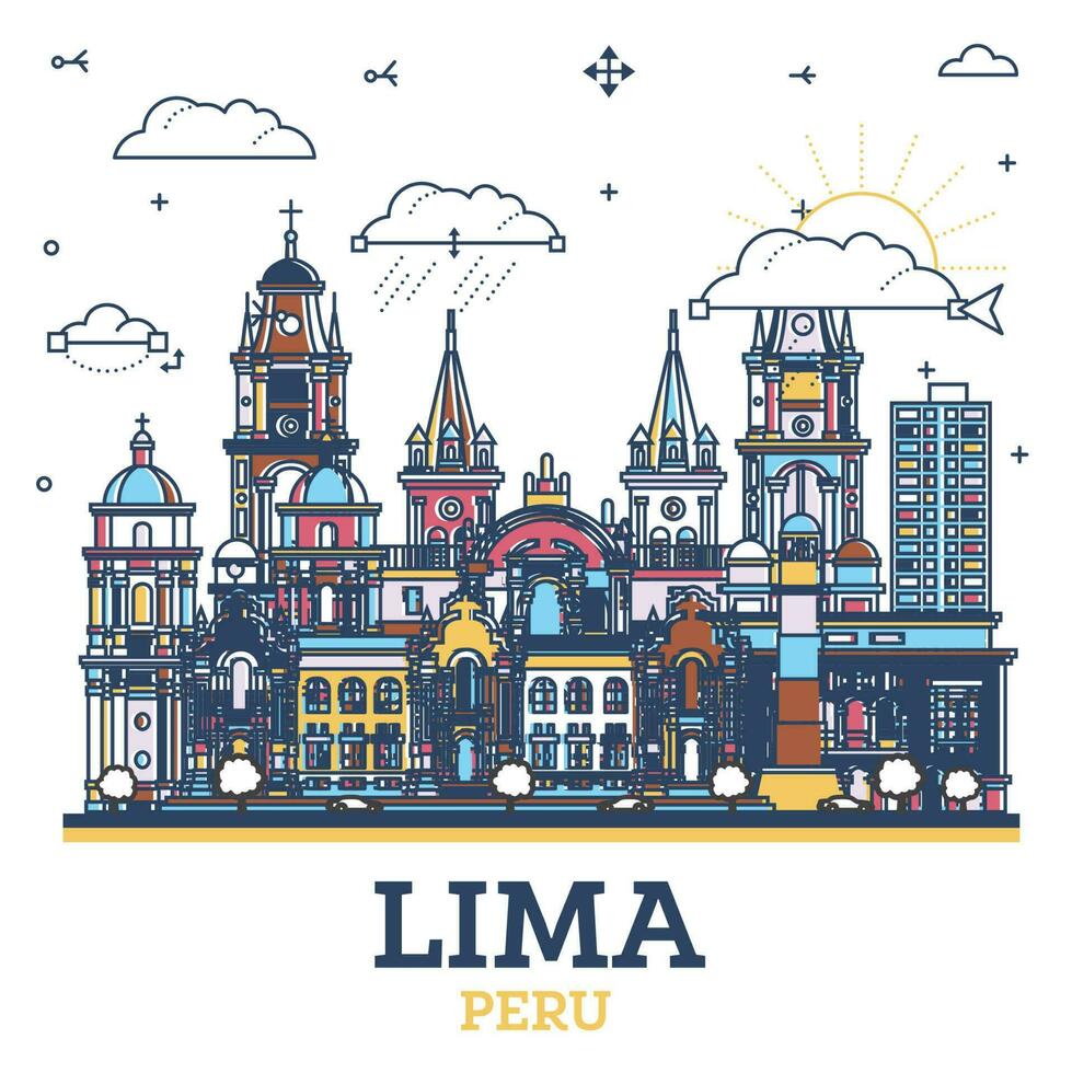 Outline Lima Peru City Skyline with Colored Historic Buildings Isolated on White. Lima Cityscape with Landmarks. vector