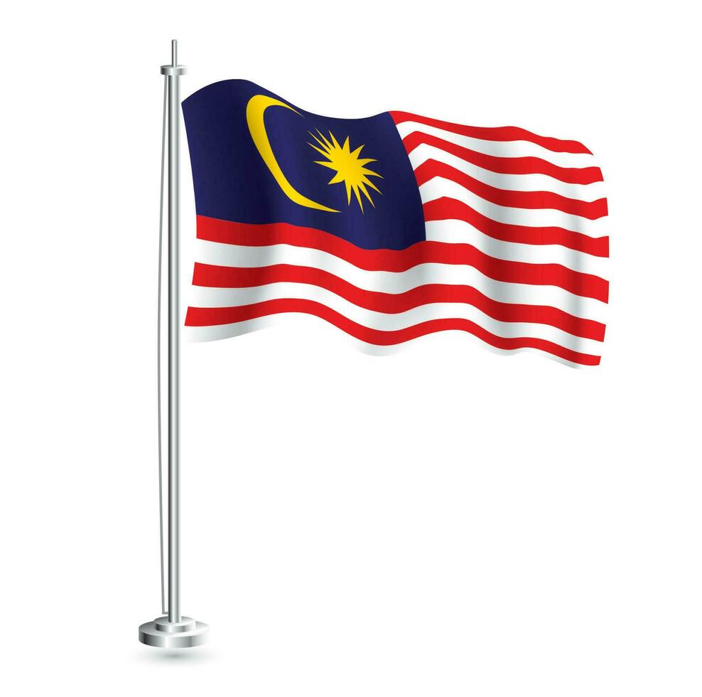 Malaysian Flag. Isolated Realistic Wave Flag of Malaysia Country on Flagpole. vector