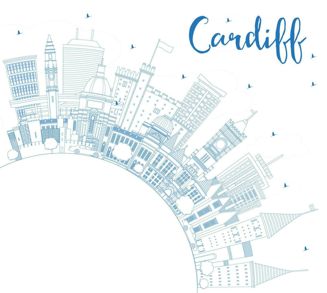 contorno Cardiff Gales ciudad horizonte con azul edificios y Copiar espacio. vector ilustración. Cardiff Reino Unido paisaje urbano con puntos de referencia