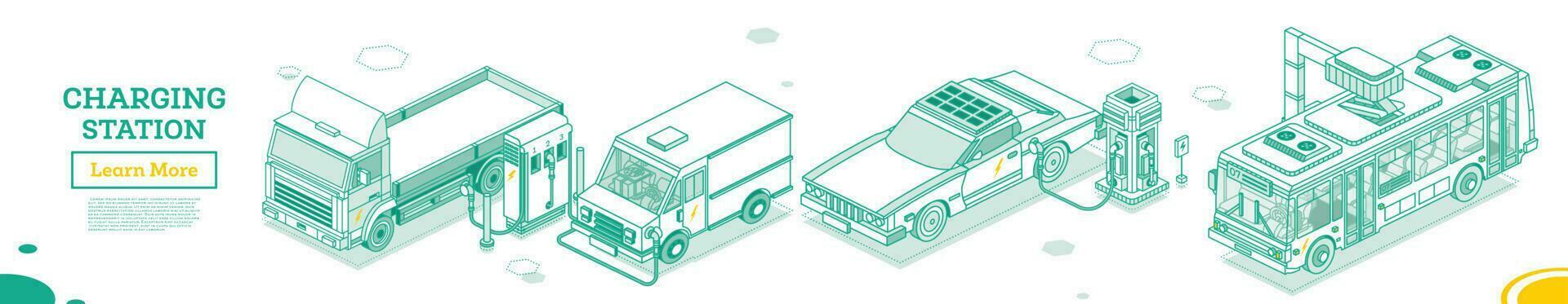 eléctrico vehículo. electromóvil cargando estación. isométrica contorno concepto. vector ilustración. camión, camioneta y autobús. eco transporte.