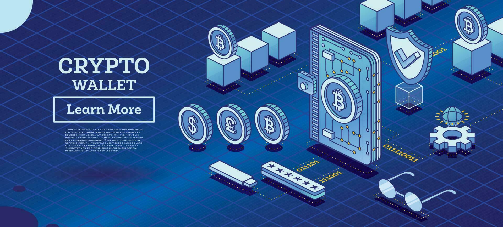 Isometric Crypto Wallet Connected to Blockchain. Cryptocurrency Industry. Outline Concept of Blockchain Technology with Cubes. vector