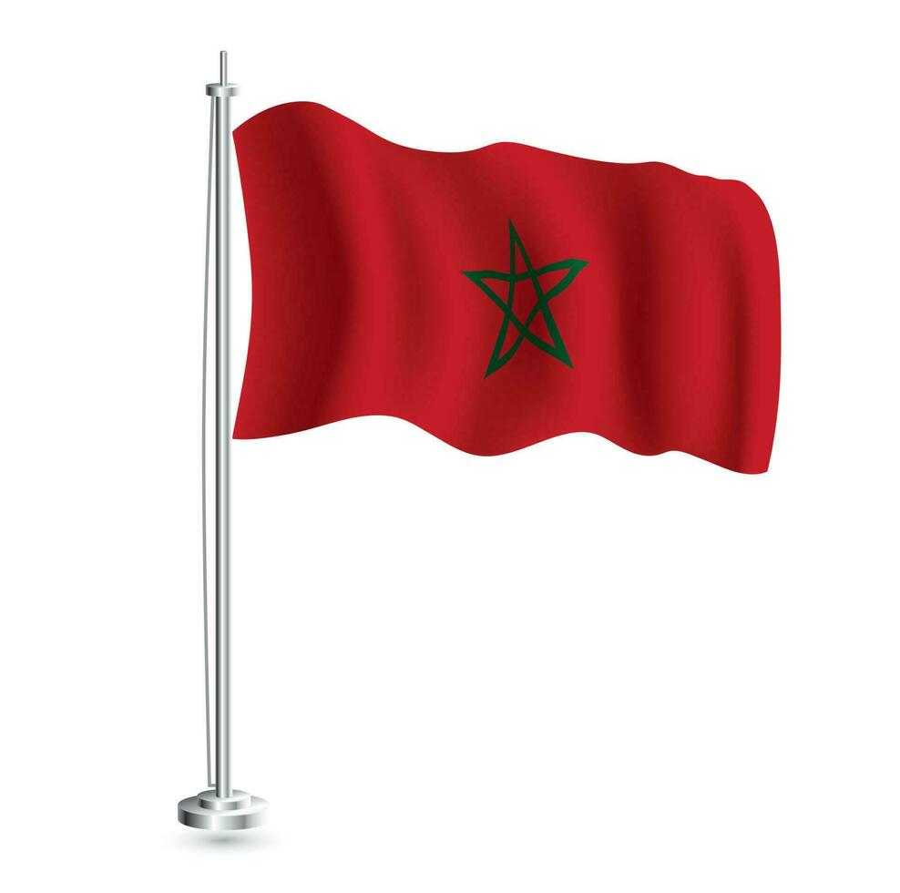 Moroccan Flag. Isolated Realistic Wave Flag of Morocco Country on Flagpole. vector