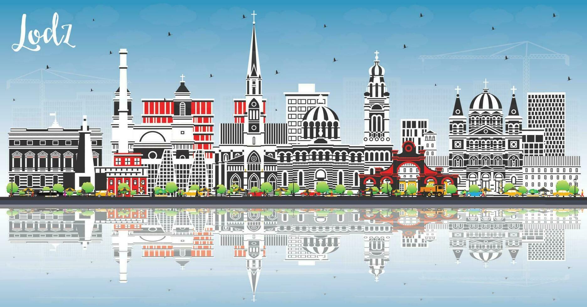 Lodz Poland City Skyline with Color Buildings, Blue Sky and Reflections. Vector Illustration. Lodz Cityscape with Landmarks.